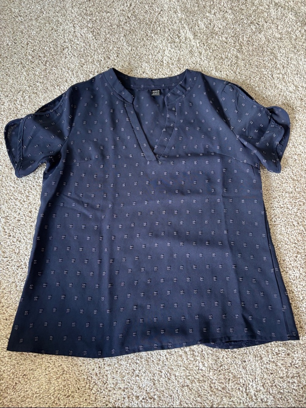 SHEIN Navy Short-Sleeve V-Notch Textured Shirt